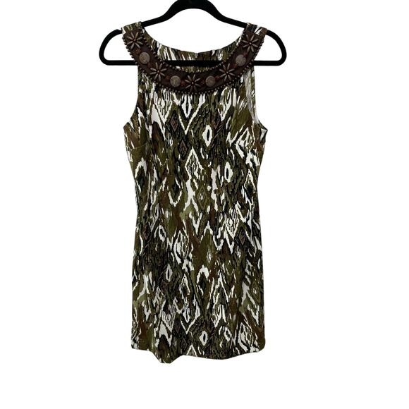 NWT DressBarn Abstract Beaded Mini Sheath Dress Olive Green Women's Petite 10P - Picture 1 of 11